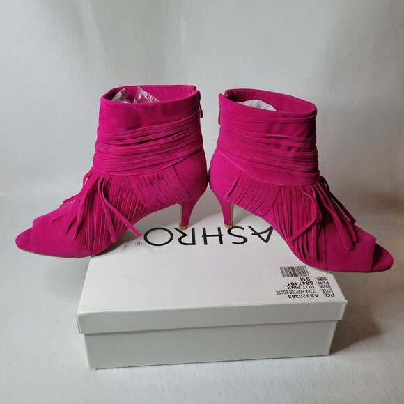 Hot Pink Fringe Peep Toe Booties Size 9 Faux Suede - Picture 3 of 7